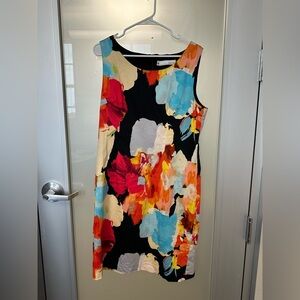 Chetta B Dress Women 14 Black Floral Sheath Midi Lined Zipper Sleeveless Cotton